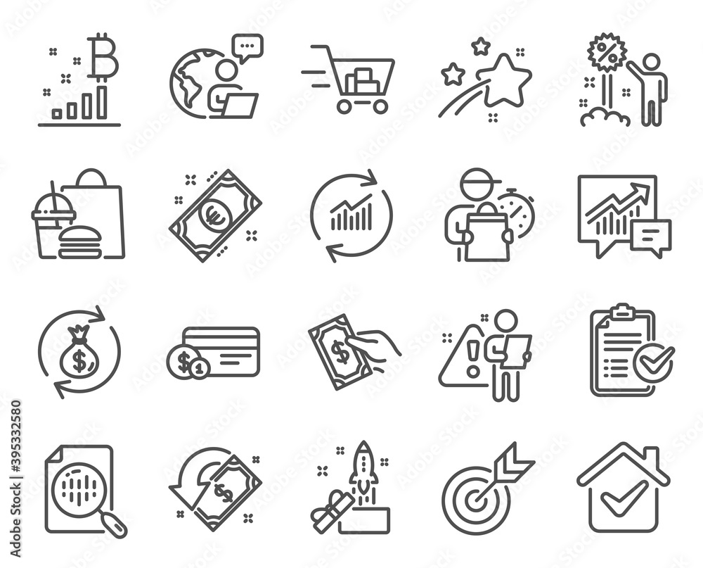 Finance icons set. Included icon as Euro money, Shopping cart, Target signs. Survey checklist, Innovation, Analytics chart symbols. Update data, Bitcoin graph, Payment method. Discount. Vector