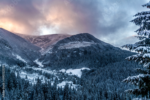 Sunset in snowy Carpathians