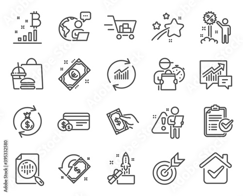 Finance icons set. Included icon as Euro money, Shopping cart, Target signs. Survey checklist, Innovation, Analytics chart symbols. Update data, Bitcoin graph, Payment method. Discount. Vector