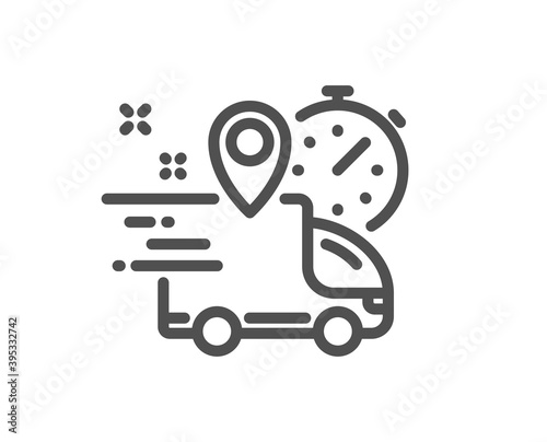 Express delivery line icon. Courier truck location sign. Order delivery symbol. Quality design element. Linear style express delivery icon. Editable stroke. Vector