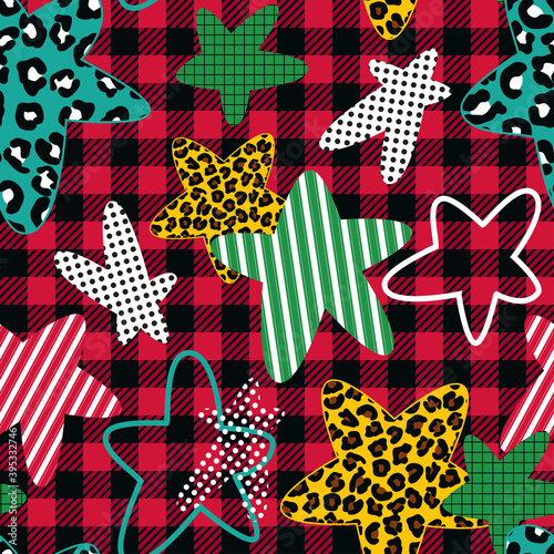 . Various five-pointed stars on a Buffalo plaid background..Vector seamless pattern. Festive texture..