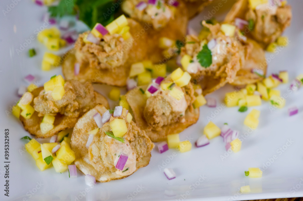 Fried oysters. Fresh oysters fried and served with garlic, shallots