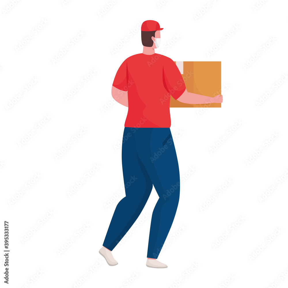 delivery worker wearing medical mask lifting box character vector illustration design