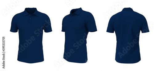 Blank collared shirt mockup, front, side and back views, tee design presentation for print, 3d rendering, 3d illustration photo