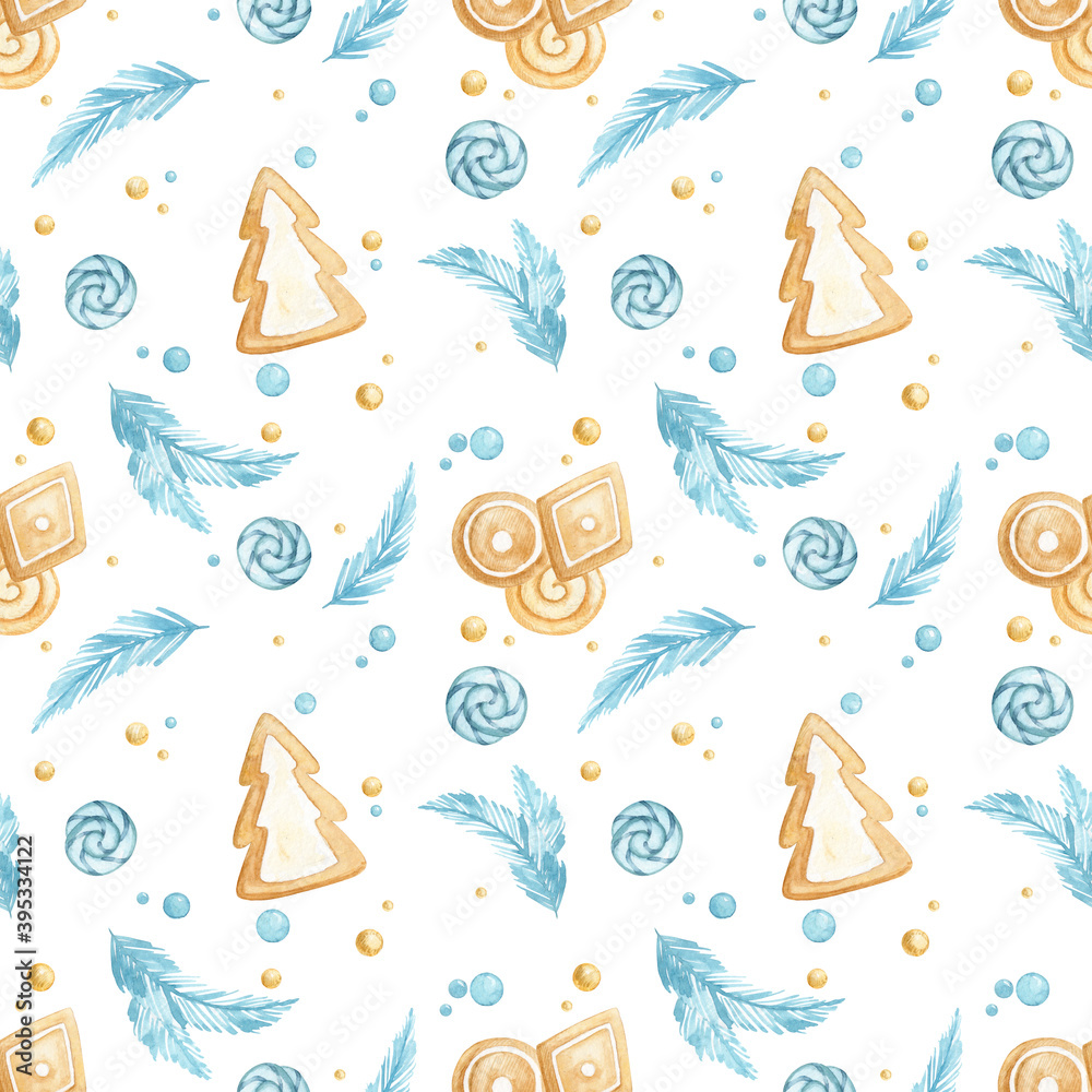 Seamless pattern with hand painted cookies and fir tree branches