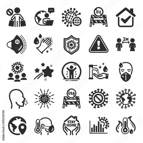 Coronavirus icons. Medical protective mask, washing hands hygiene, eu shut borders. Stay home, safe distance, coronavirus epidemic mask icons. Covid-19 virus pandemic, usa close borders. Vector