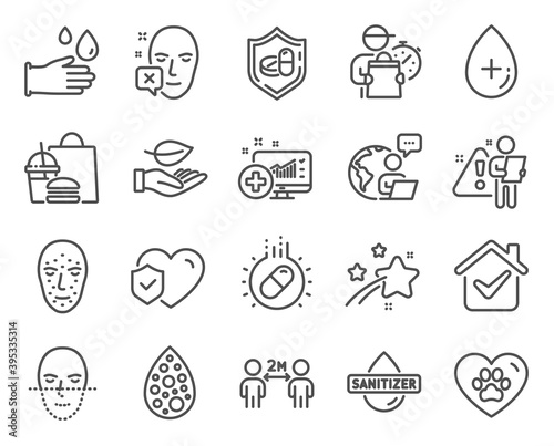 Healthcare icons set. Included icon as Capsule pill, Artificial colors, Pets care signs. Medical analytics, Face recognition, Social distancing symbols. Face declined, Medical tablet, Leaf. Vector