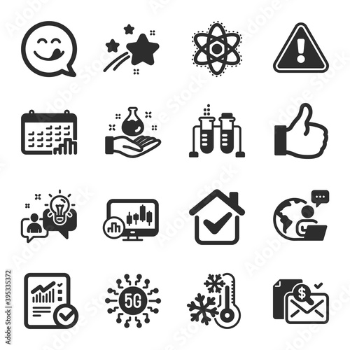 Set of Technology icons, such as Freezing, Chemistry atom, Chemistry lab symbols. Calendar graph, Checked calculation, Like signs. 5g technology, Accounting report, Yummy smile. Idea. Vector