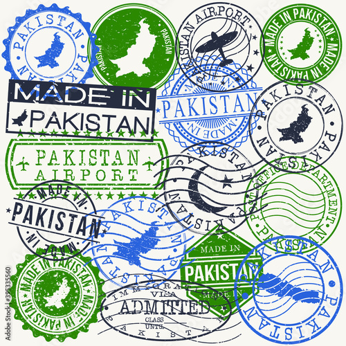 Pakistan Set of Stamps. Travel Passport Stamp. Made In Product. Design Seals Old Style Insignia. Icon Clip Art Vector.