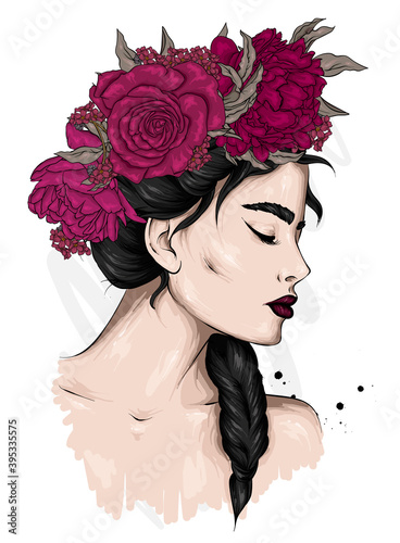 Beautiful girl with long hair in a wreath of roses and peonies. Flowers. Vector illustration for greeting card or poster, print on clothes. Fashion and style, accessories.