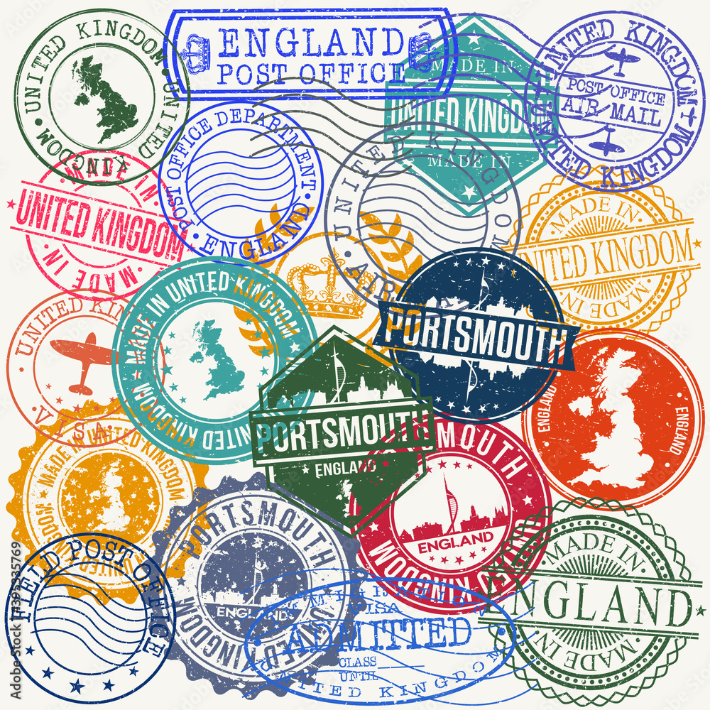 Portsmouth England Set of Stamps. Travel Stamp. Made In Product. Design Seals Old Style Insignia.