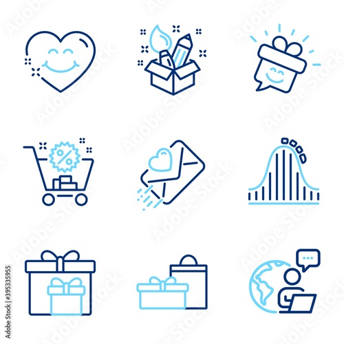 Holidays icons set. Included icon as Delivery boxes, Roller coaster, Smile face signs. Gifts, Love letter, Smile symbols. Creativity, Shopping cart line icons. Line icons set. Vector