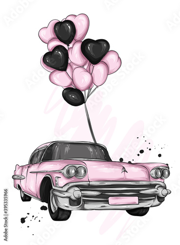 Car with balloons in the shape of hearts. Vector illustration for greeting card or poster. Love, friendship, Valentine's Day.