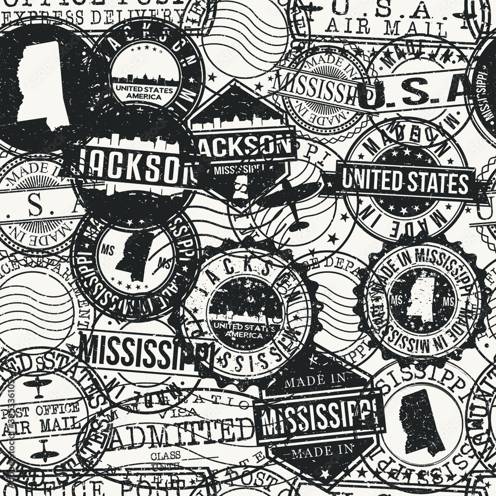 Jackson, MS, USA Stamps Background. A City Stamp Vector Art. Set of Postal Passport Travel. Design Set Pattern.