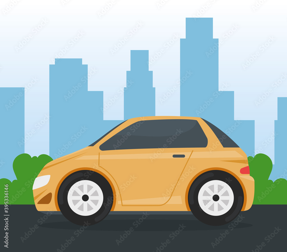 yellow car vehicle traveling on the city vector illustration design