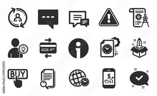 Search file, Approved and Time zone icons simple set. Divider document, User info and User idea signs. Info, Buying and Blog symbols. Project deadline, Startup and Comment. Flat icons set. Vector