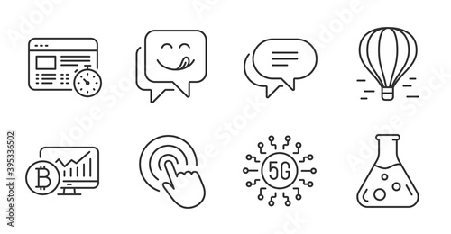 Web timer  Bitcoin chart and Chemistry lab line icons set. Yummy smile  5g technology and Text message signs. Air balloon  Click symbols. Online test  Cryptocurrency statistics  Laboratory. Vector
