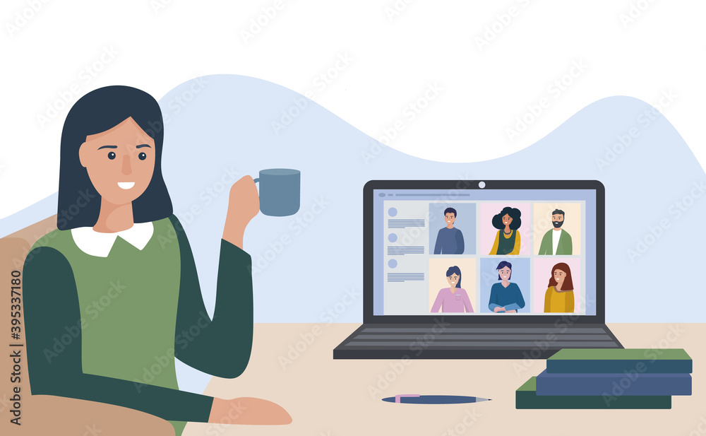 Vector illustration of remote work. Workplace home. Video chat, discussion of business processes. Online education, consultation. Group video conference. A person at the laptop, chatting with friends Vector illustration of remote work. Workplace home. Video chat, discussion of business processes. Online education, consultation. Group video conference. A person at the laptop, chatting with friends