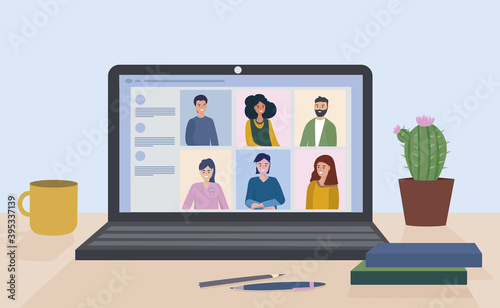 A group of people communicate with each other online. Business discussion. Video conference of friends on a laptop. Workplace for a virtual meeting. Social distance during quarantine. vector flat