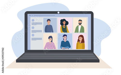 A group of people communicate with each other online. Business discussion. Video conference of friends on a laptop. Workplace for a virtual meeting. Social distance during quarantine. vector flat