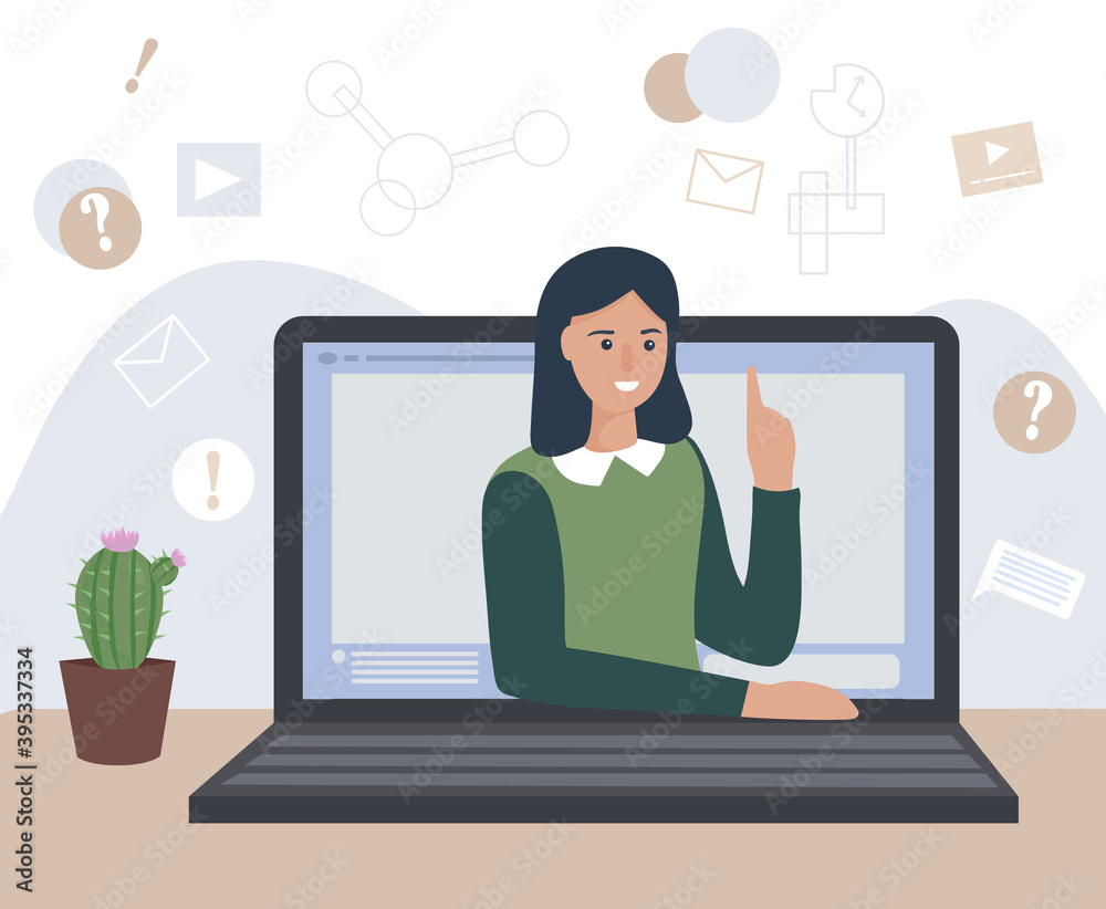 Woman works remotely. Home workstation with a table and a laptop. Virtual communication. Online education, consultation with a specialist. Vector flat illustration Woman works remotely. Home workstation with a table and a laptop. Virtual communication. Online education, consultation with a specialist. Vector flat illustration