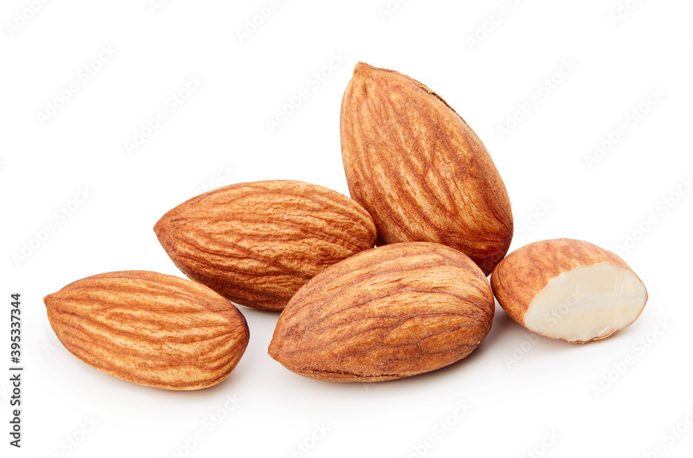 Closeup of almonds, isolated on white background Closeup of almonds, isolated on white background