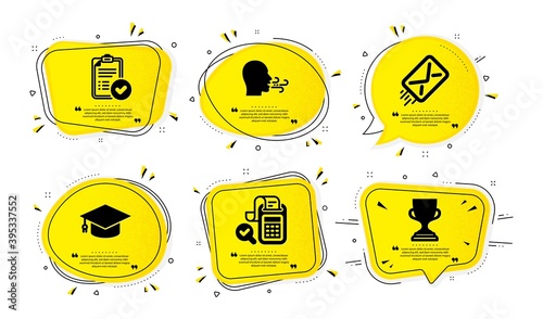 Graduation cap, E-mail and Breathing exercise icons simple set. Yellow speech bubbles with dotwork effect. Approved report, Bill accounting and Award cup signs. Vector