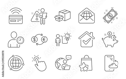 Currency exchange, Business idea and Contactless payment line icons set. Packing boxes, Saving money and Payment signs. Time management, Loyalty points and Globe symbols. Line icons set. Vector
