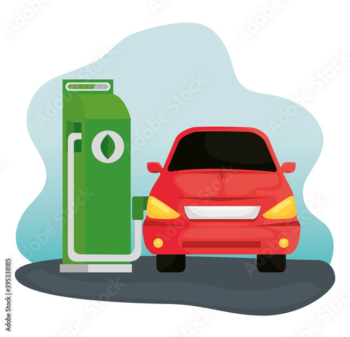 red electric car ecology alternative in chargin station vector illustration design