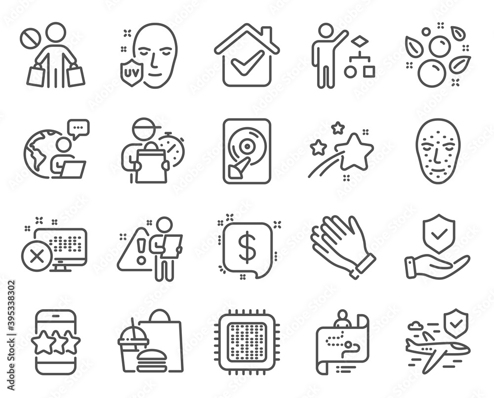Business icons set. Included icon as Payment message, Algorithm, Cpu processor signs. Journey path, Stop shopping, Star symbols. Reject access, Face biometrics, Hdd. Clean bubbles. Vector