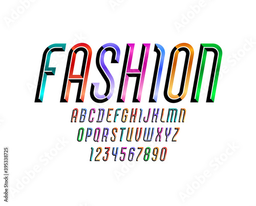 Bright font, alphabet from chiseled block, beveled Latin italic letters from A to Z and Arab numbers from 0 to 9 for you designs, vector illustration 10EPS