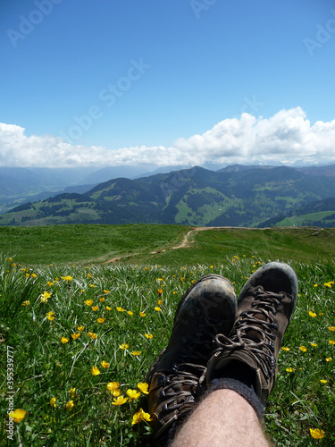 Hiking shoes at panorama hiking tour Nagelfluhkette, Bavaria, Germany