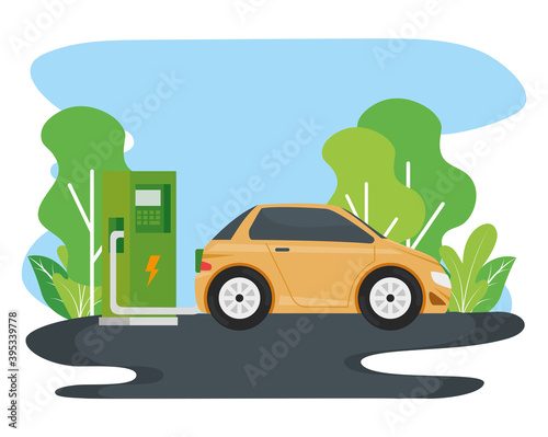 electric car ecology alternative in chargin station on the road vector illustration design