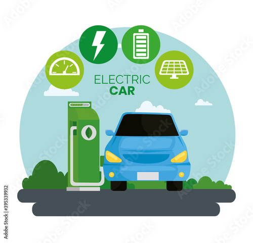blue electric car ecology alternative in chargin station vector illustration design