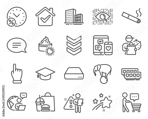 Business icons set. Included icon as Artificial intelligence, Buyer think, Smoking signs. Loan percent, Shoulder strap, Buildings symbols. Click hand, Mini pc, Graduation cap. Ram, Chat. Vector