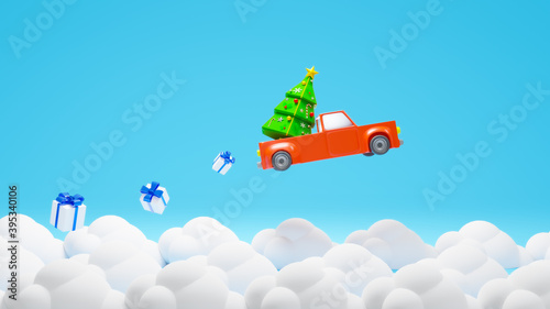 3d rendering red car fly on the sky theme Merry christmas and happy new year. © TogsDesign
