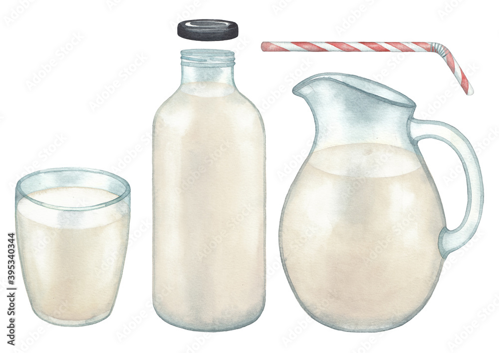 Φωτογραφία Watercolor collection of the plant based milk in the glass, jug and bottle