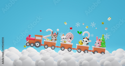 3d rendering character on train minimal theme Merry christmas and happy new year 2021.