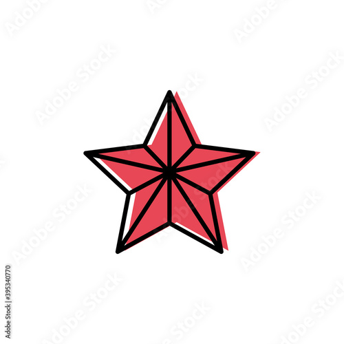 Red star vector icon. Cute outlined red star for Christmas tree decoration isolated on white background. Black Outline.