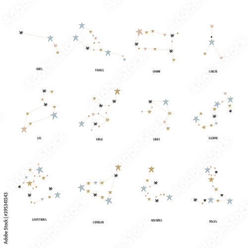 Set of Zodiac Pictures. Cute Hand Drawn Vector Zodiac Graphics made of Blue, Gold and Brown Stars Isoalted on a White Background. Infantile Style Starry Night Sky.
