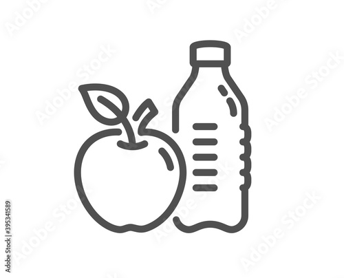 Healthy food and drink line icon. Water with apple sign. Gym fit bottle symbol. Quality design element. Linear style healthy food icon. Editable stroke. Vector