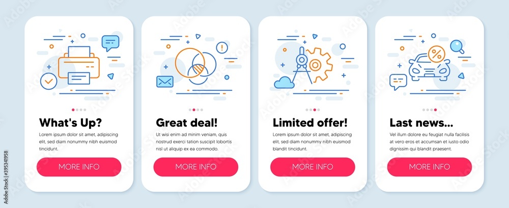 Set of Technology icons, such as Printer, Cogwheel dividers, Euler diagram symbols. Mobile screen banners. Car leasing line icons. Printing device, Settings, Relationships chart. Vector