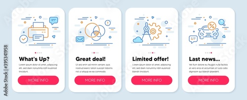 Set of Technology icons, such as Printer, Cogwheel dividers, Euler diagram symbols. Mobile screen banners. Car leasing line icons. Printing device, Settings, Relationships chart. Vector