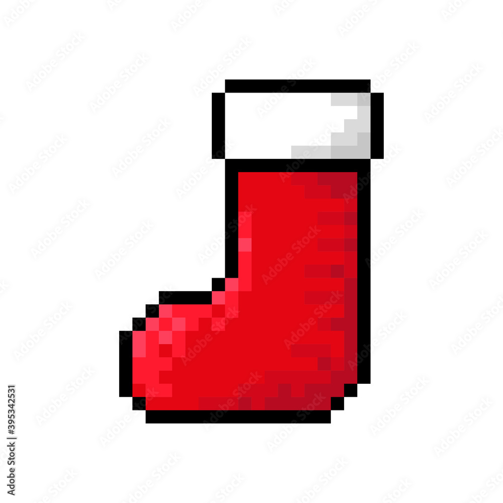 Pixel Christmas stocking icon. Red outline silhouette. Side view. Vector flat graphic illustration. The isolated object on a white background. Isolate. Pixel Christmas stocking icon. Red outline silhouette. Side view. Vector flat graphic illustration. The isolated object on a white background. Isolate.