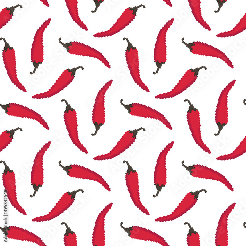 Red pixel peppers isolated on white background. Seamless pattern. Vector flat graphic illustration. Texture.