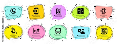 Technology icons set. Speech bubble offer banners. Vector coupon badge. Included icon as Repairman, Outsourcing, Phone payment signs. Ranking stars, Technical info, Music phone symbols. Vector