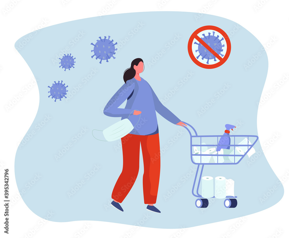 Girl Buys Masks and Toilet Paper During Quarantine.Stay at Home.People keeping Distance for Decrease Infection Risk For Prevent Virus Covid-19.Coronavirus Epidemic.Vector Illustration Girl Buys Masks and Toilet Paper During Quarantine.Stay at Home.People keeping Distance for Decrease Infection Risk For Prevent Virus Covid-19.Coronavirus Epidemic.Vector Illustration