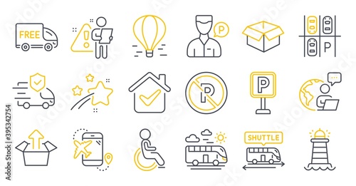 Set of Transportation icons, such as Opened box, Lighthouse, Send box symbols. Air balloon, Parking place, Disabled signs. Bus travel, Free delivery, Flight destination. Shuttle bus. Vector