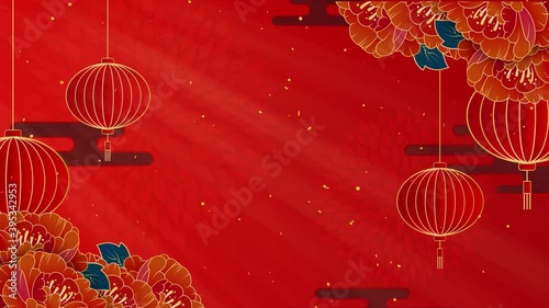 Chinese New Year,  Happy new year, Traditional lunar year background with hanging lanterns and flowers. Seamless 4K loop video animation with copy space. 