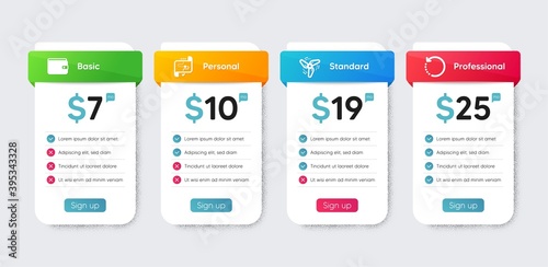Flat icons set. Price table chart, business plan template. Included icon as Wind energy, Money wallet, Recovery data signs. Target path flat icons. Ventilator, Payment method, Backup info. Vector